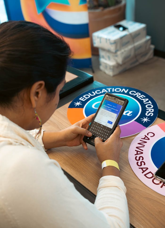 A woman using a smartphone to participate in an online education program.